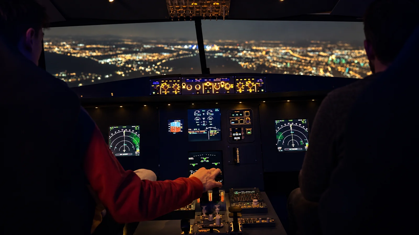 Zwei Personen erleben einen Flug im beleuchteten A320-Cockpit in Mainz